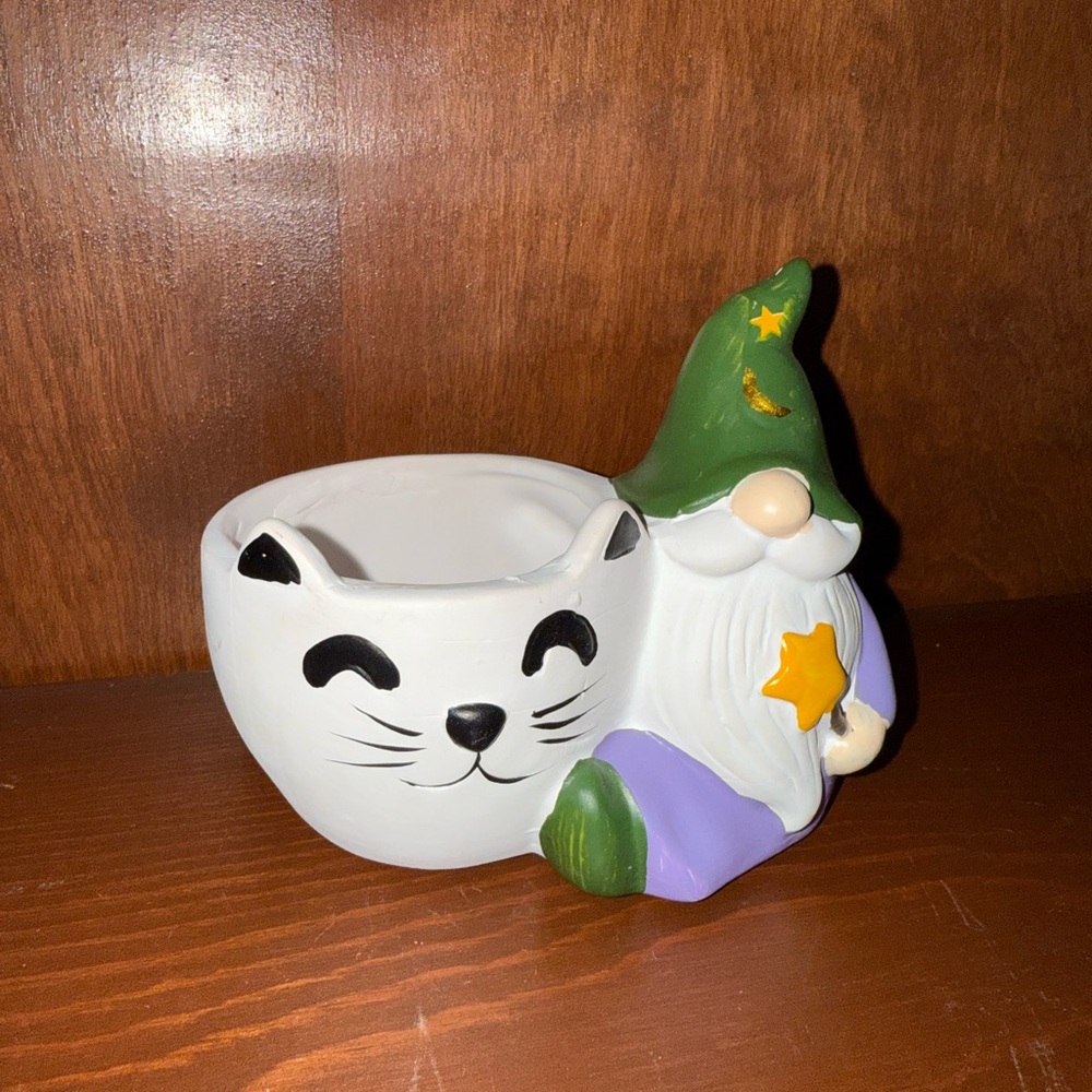 Cat and Gnome Ceramic Planter
